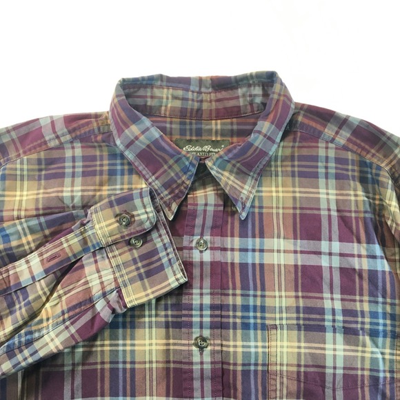 Eddie‎ Bauer Relaxed Fit Plaid Brown Cotton Button Up Shirt Mens Size L - Picture 1 of 7